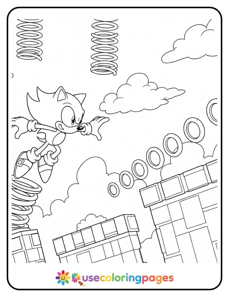 Sonic Bouncing Off Spring Toward Rings Coloring Page