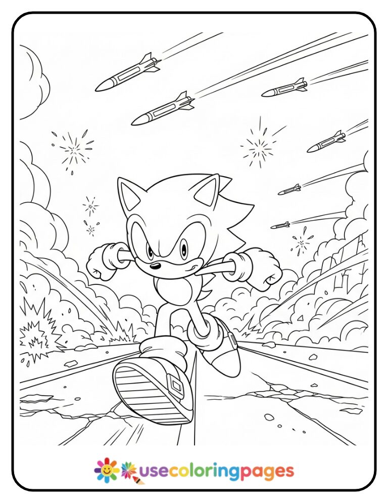 Sonic Dodges Missiles Mid-Run Coloring Page