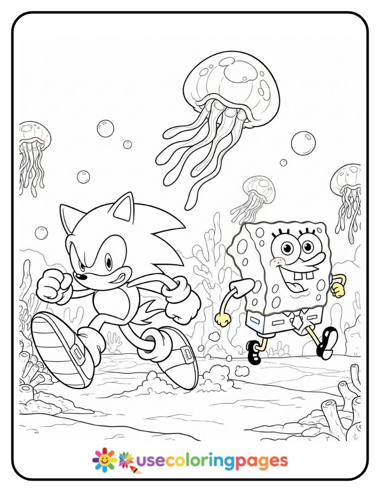 Sonic Races Spongebob Through Jellyfish Fields Coloring Page