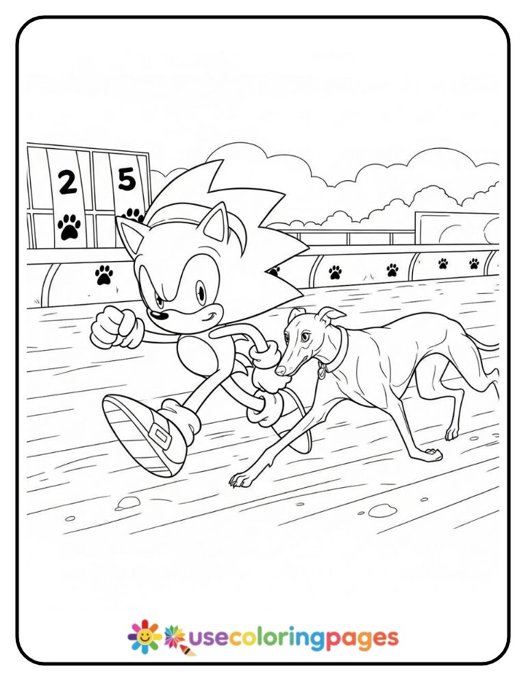 Sonic Races a Greyhound on Track Coloring Page