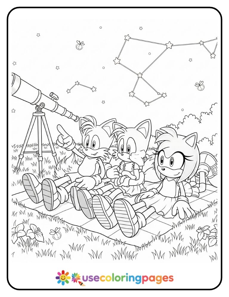 Sonic, Tails, and Amy Go Stargazing Coloring Page