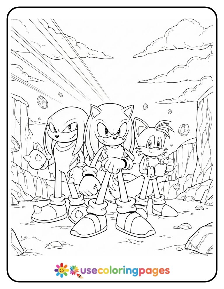 Sonic, Tails, and Knuckles Team Pose Coloring Page