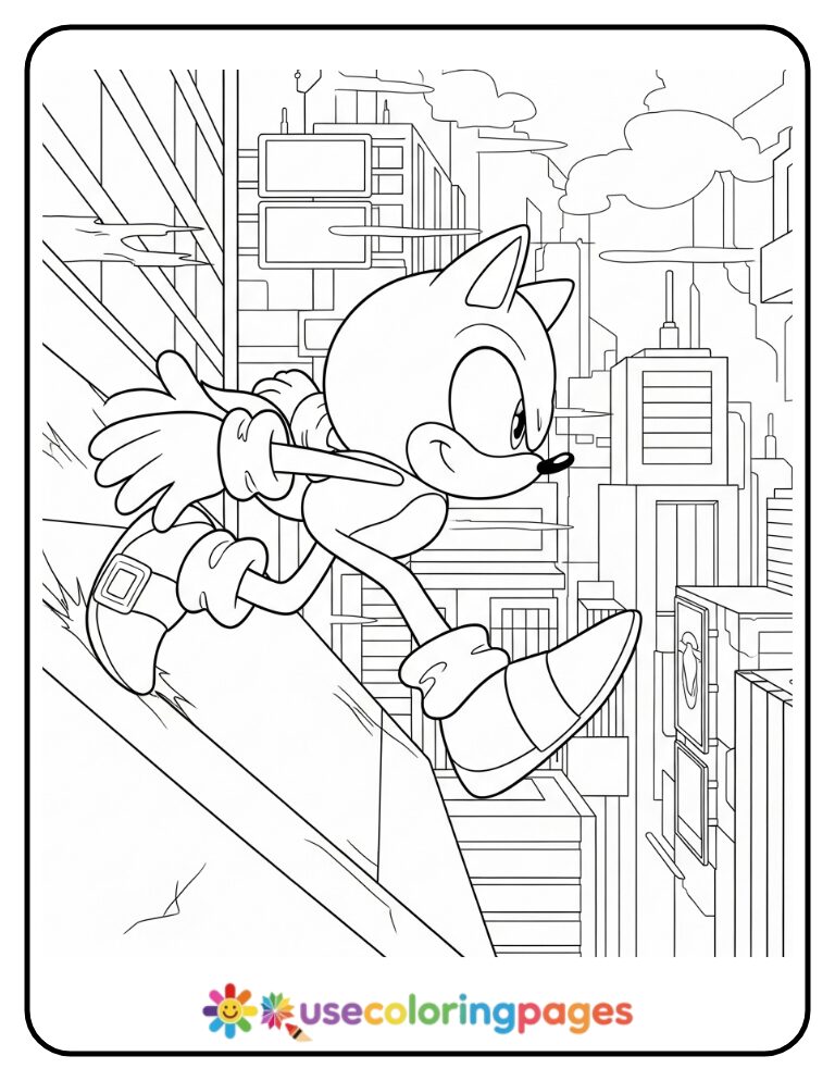 Sonic Wall Runs Through City Skyscrapers Coloring Page