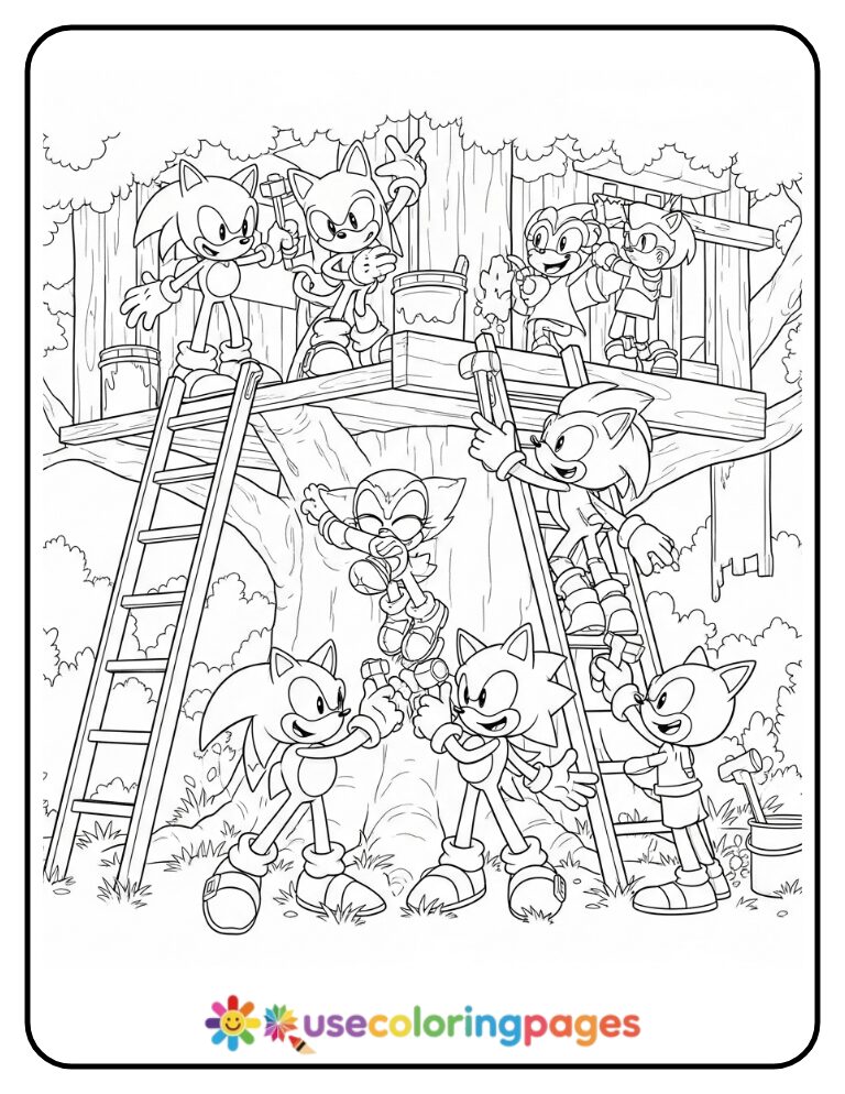 Sonic and Friends Build a Treehouse Coloring Page