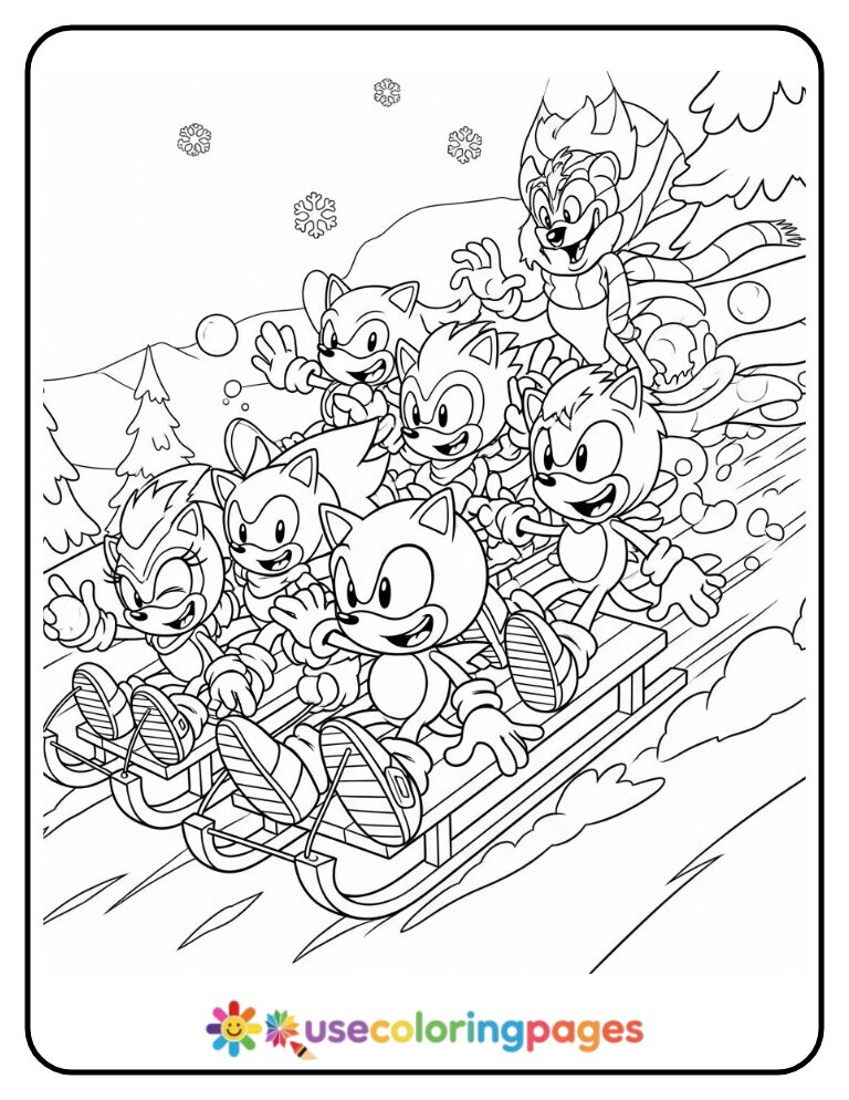 Sonic and Friends Go Sledding Coloring Page