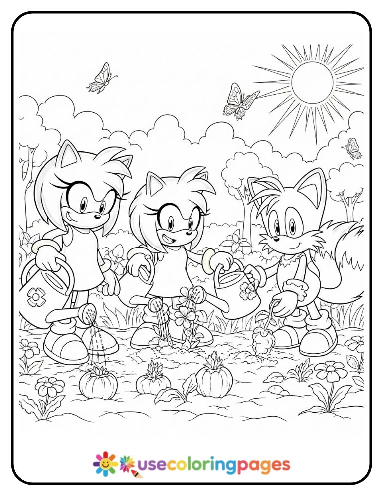 Sonic and Friends Plant a Garden Coloring Page