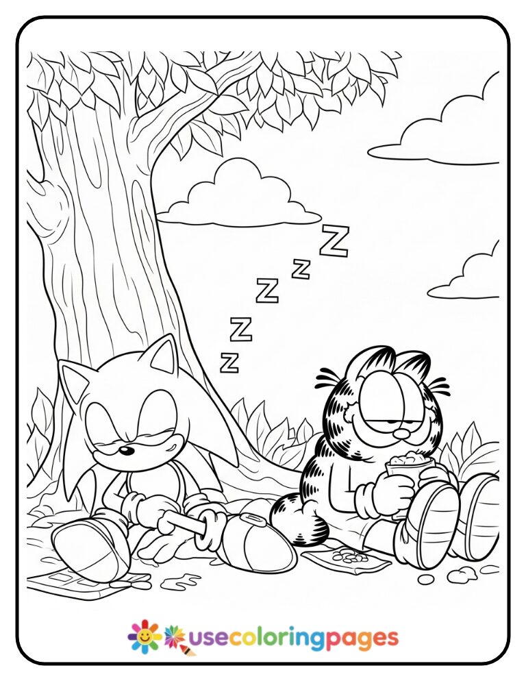 Sonic and Garfield Nap Under a Tree Coloring Page