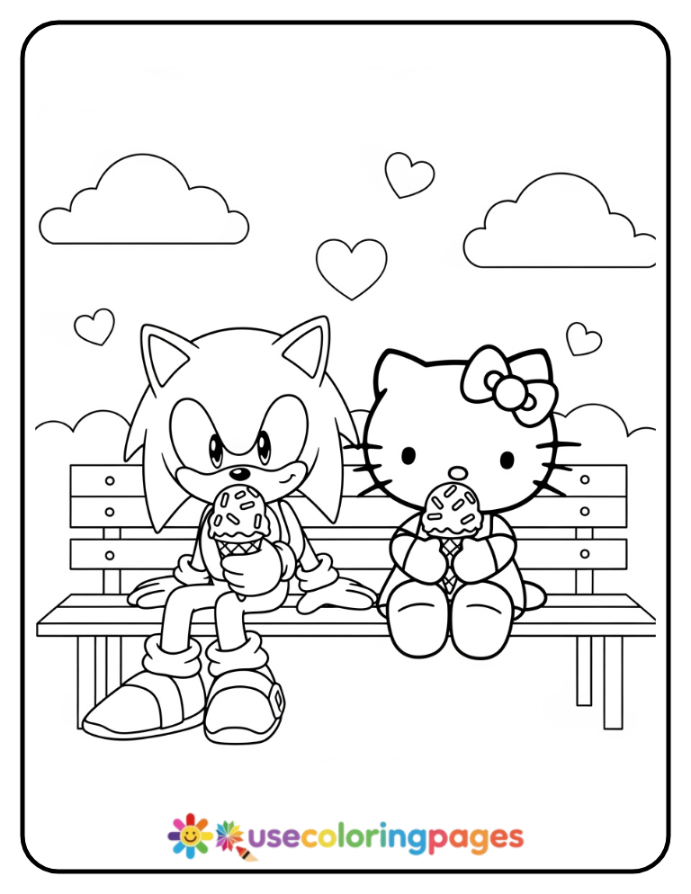 Sonic and Hello Kitty Share Ice Cream Coloring Page