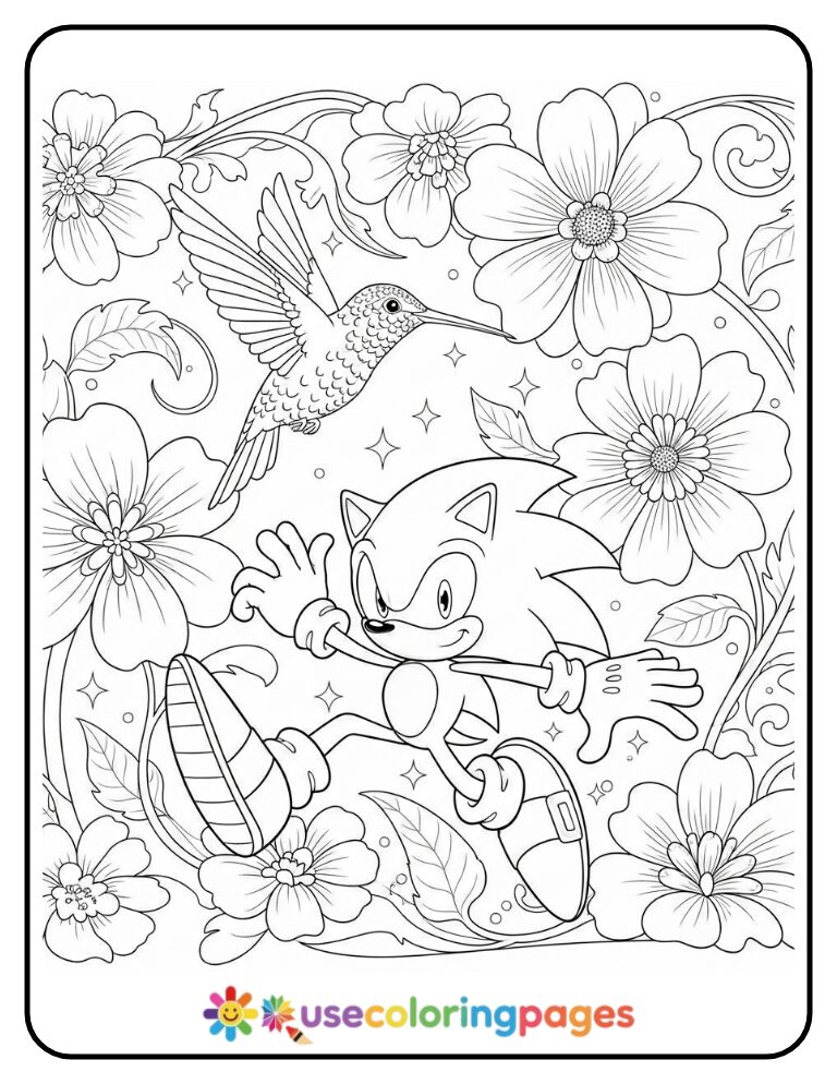 Sonic and Hummingbird in Flower Zone Coloring Page