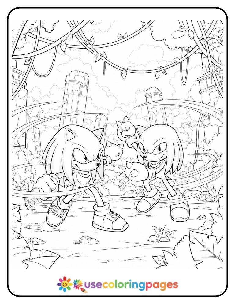 Sonic and Knuckles Training in the Jungle Coloring Page