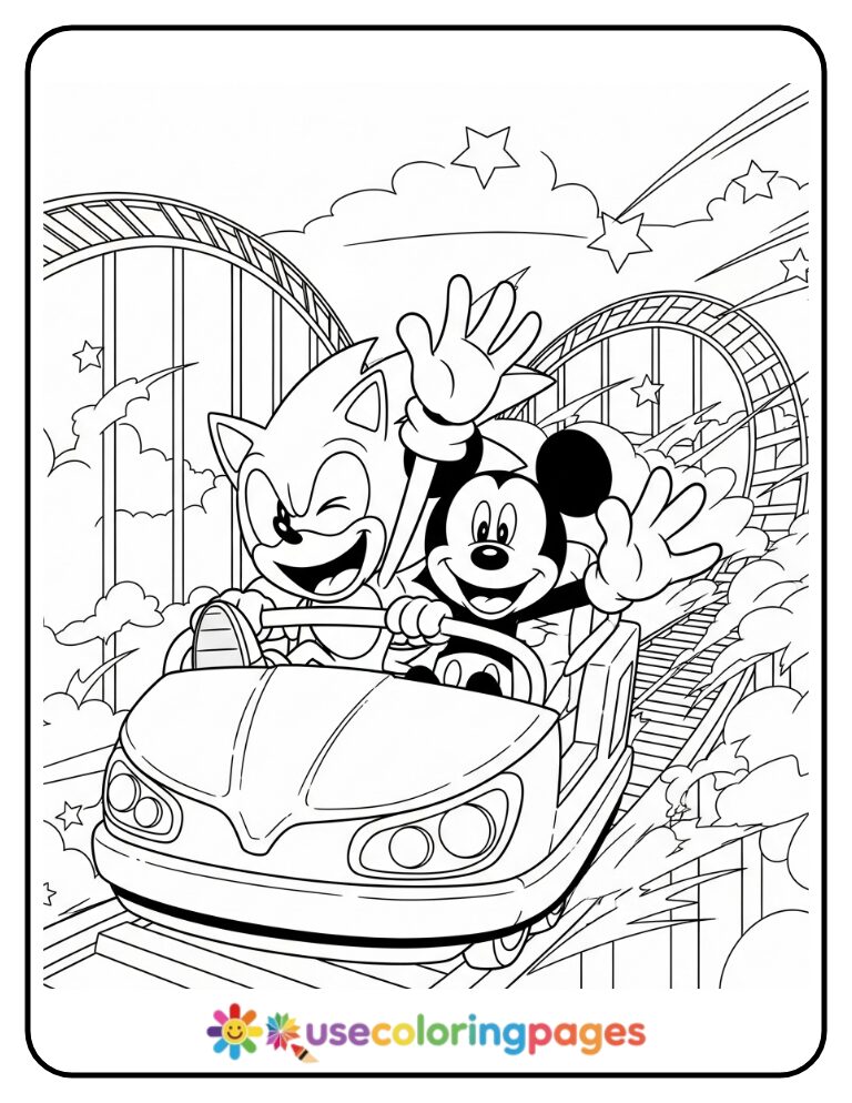 Sonic and Mickey Mouse Ride a Roller Coaster Coloring Page