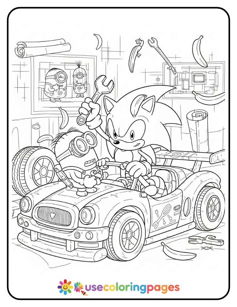 Sonic and Minions Build a Race Car Coloring Page