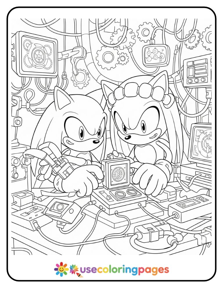 Sonic and Nine Working on Invention Coloring Page