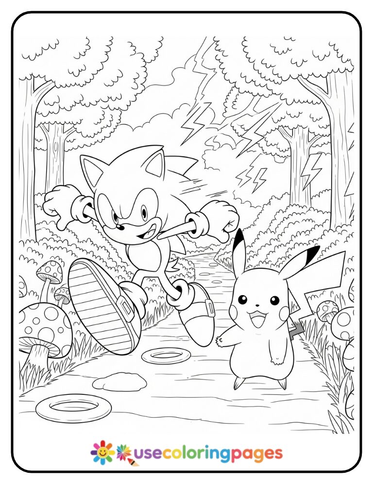 Sonic and Pikachu in Forest Adventure Coloring Page