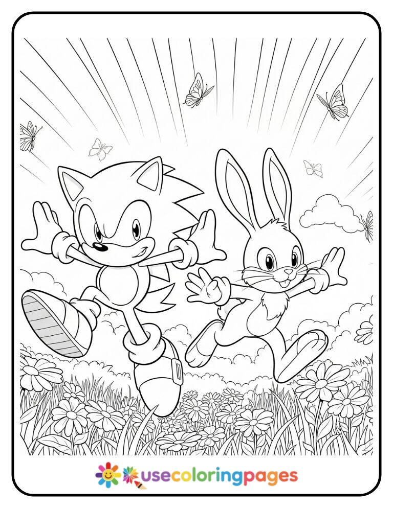 Sonic and Rabbit Hop Through Meadow Coloring Page