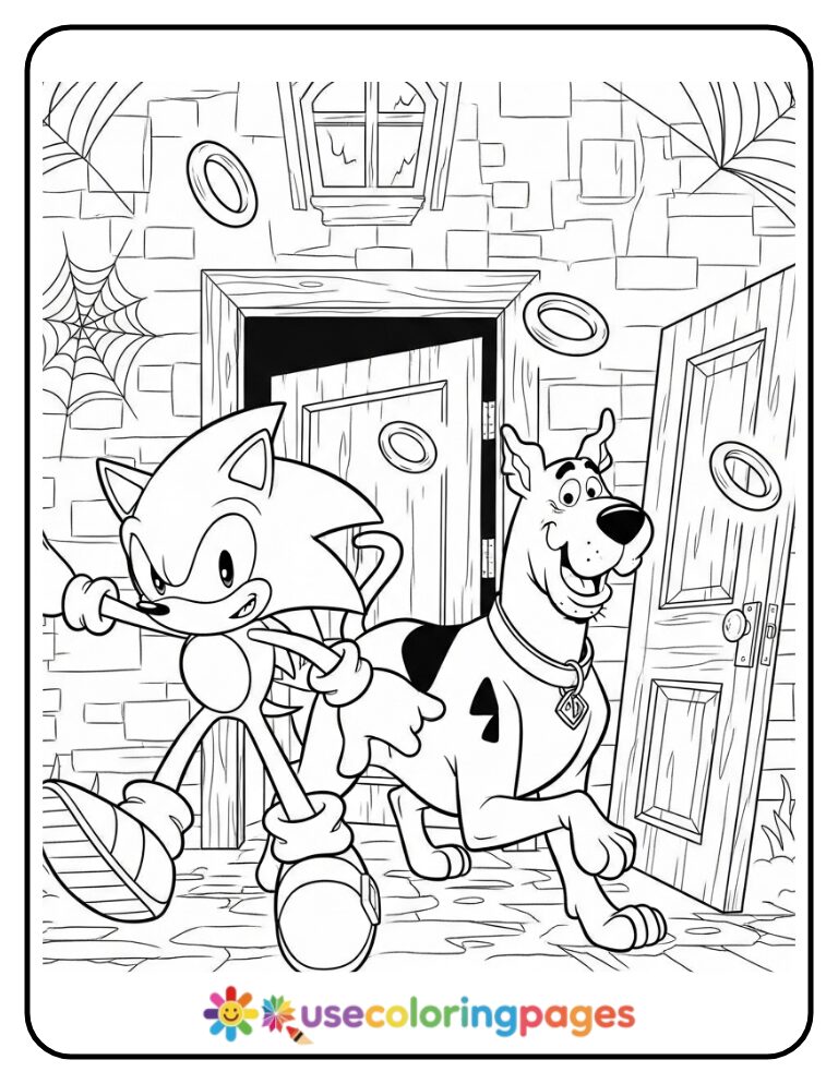 Sonic and Scooby-Doo Explore a Haunted House Coloring Page