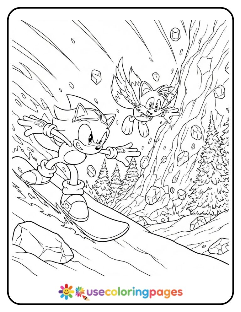 Sonic and Tails Escape from Avalanche Coloring Page