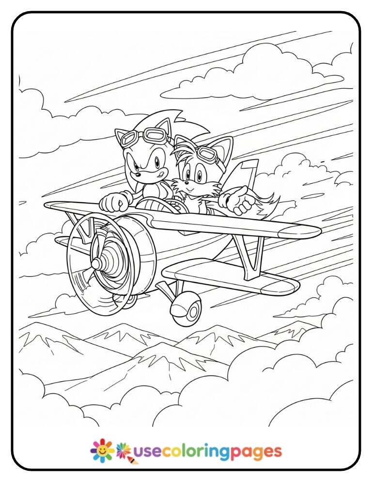 Sonic and Tails Fly the Tornado Plane Coloring Page