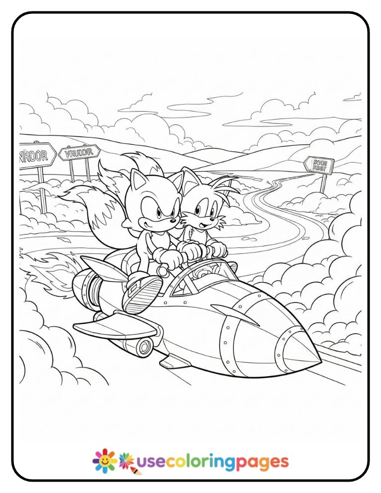 Sonic and Tails Ride a Rocket Car Coloring Page