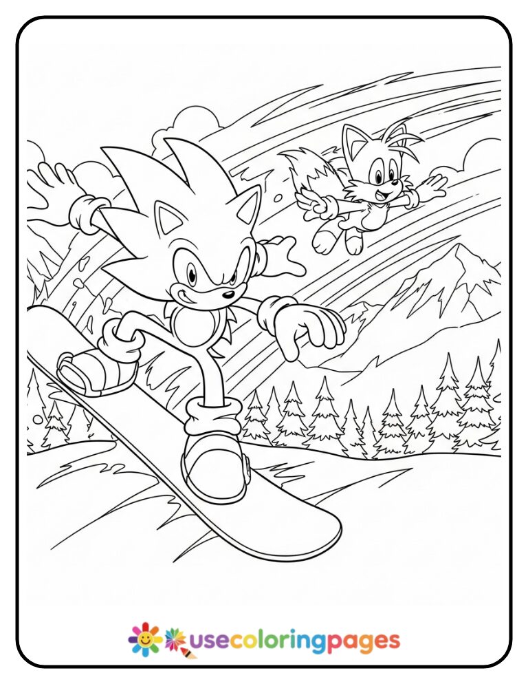 Sonic and Tails Snowboarding Scene Coloring Page