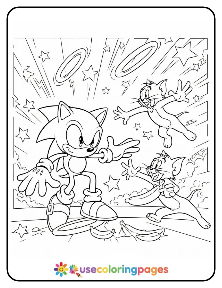 Sonic and Tom & Jerry in a Chase Coloring Page