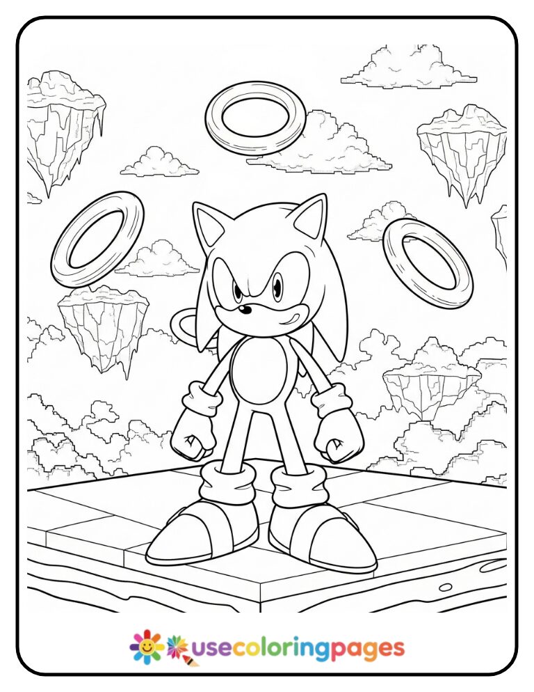 Sonic on Floating Platform with Rings Coloring Page