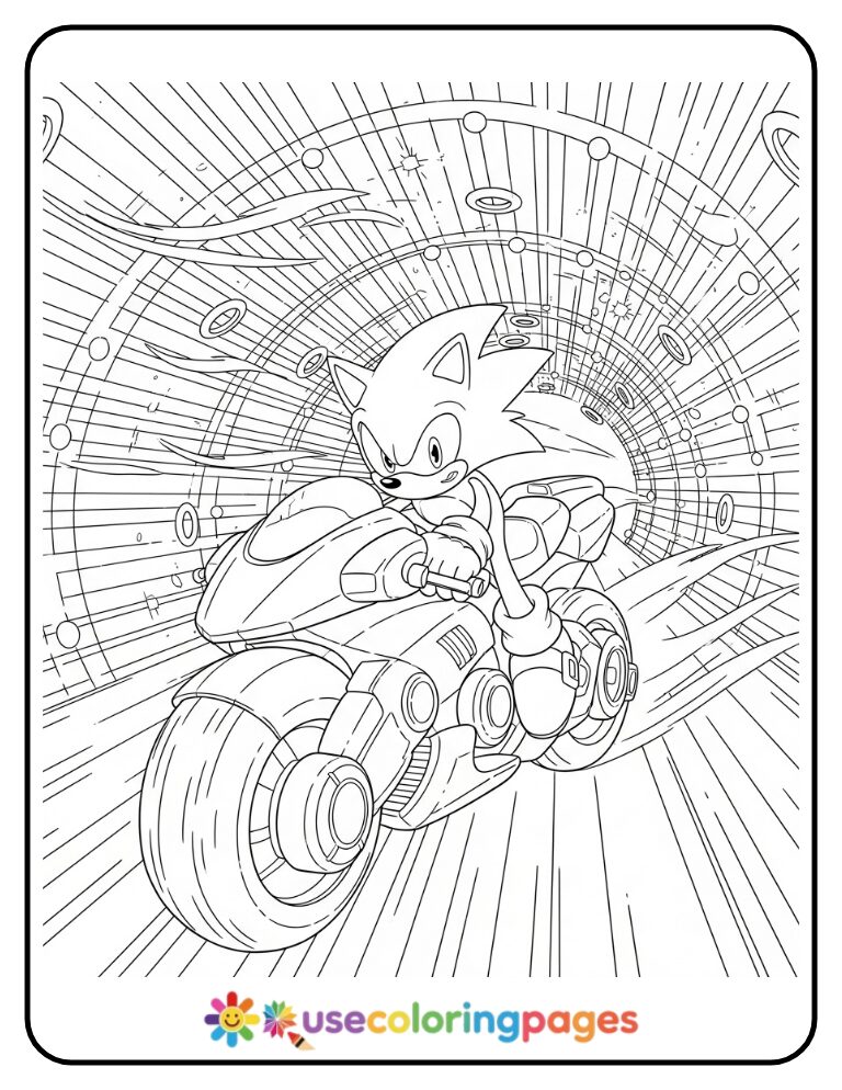 Sonic on Motorbike Racing Through Tunnel Coloring Page