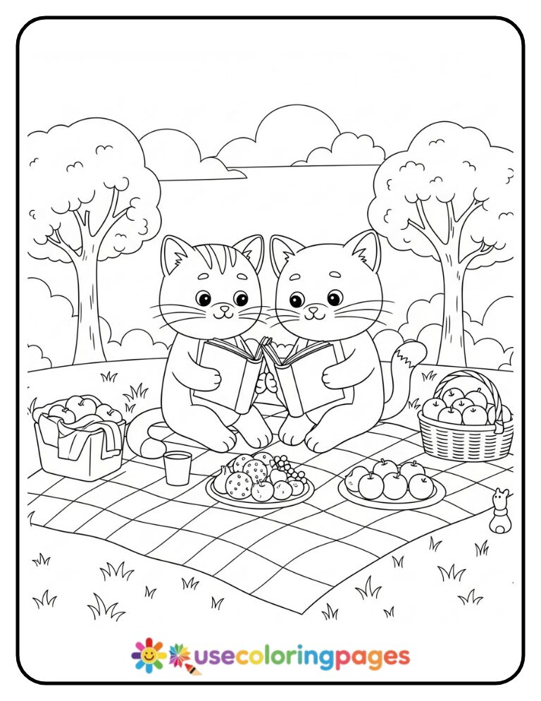 Storybook Picnic with Cats Coloring Page
