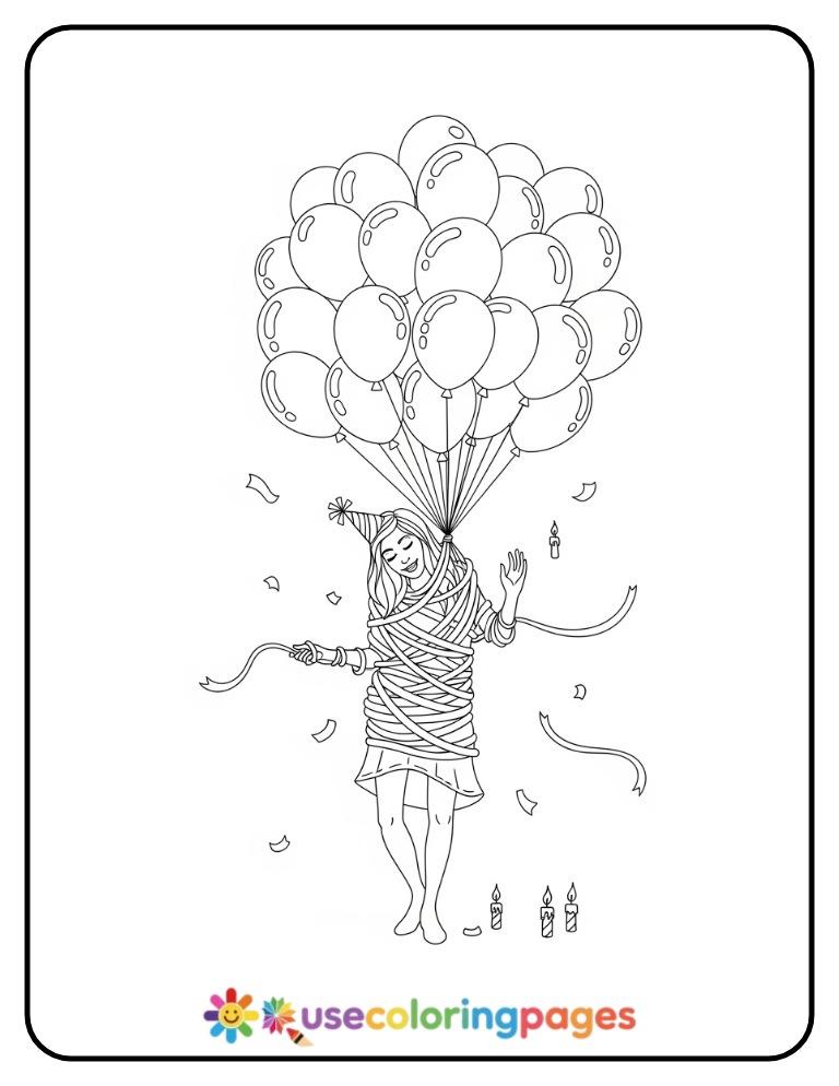 Stressed Woman Holding 30 Balloons Coloring Page