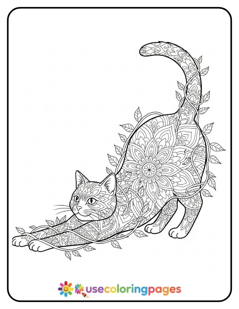 Stretching Cat with Mandala Vines Coloring Page