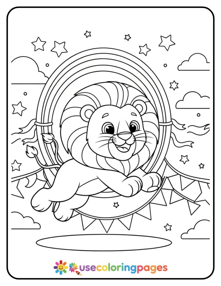Sunny the Lion Jumping Through Rainbow Hoop Coloring Page