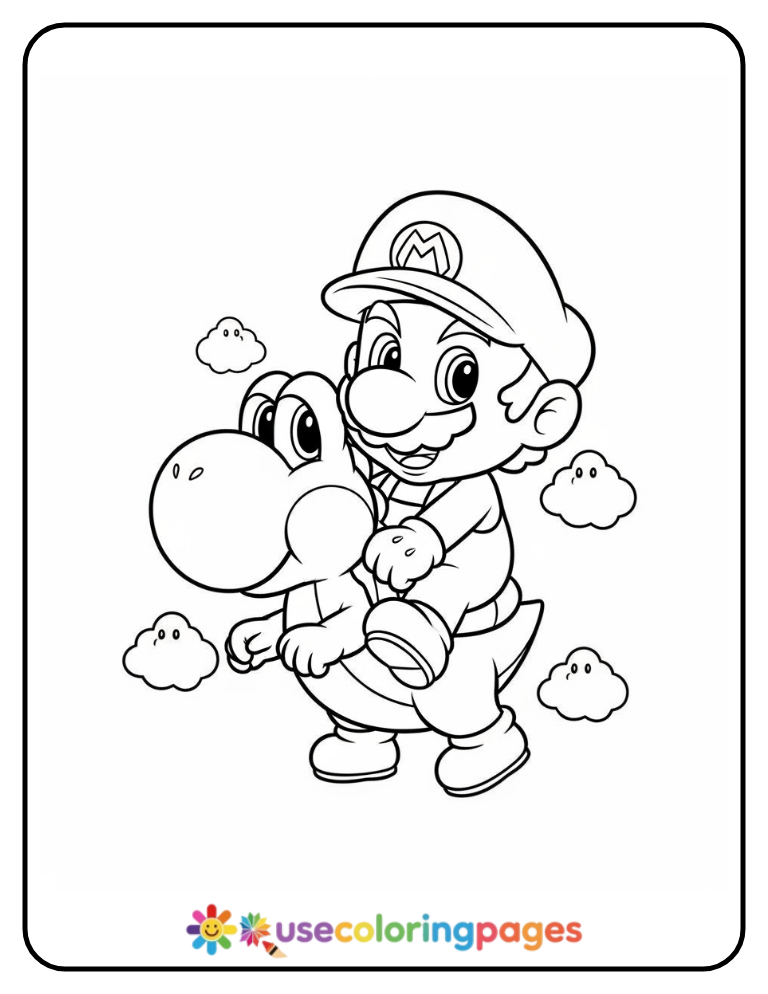 Super Mario Riding Yoshi Coloring Page For Kids