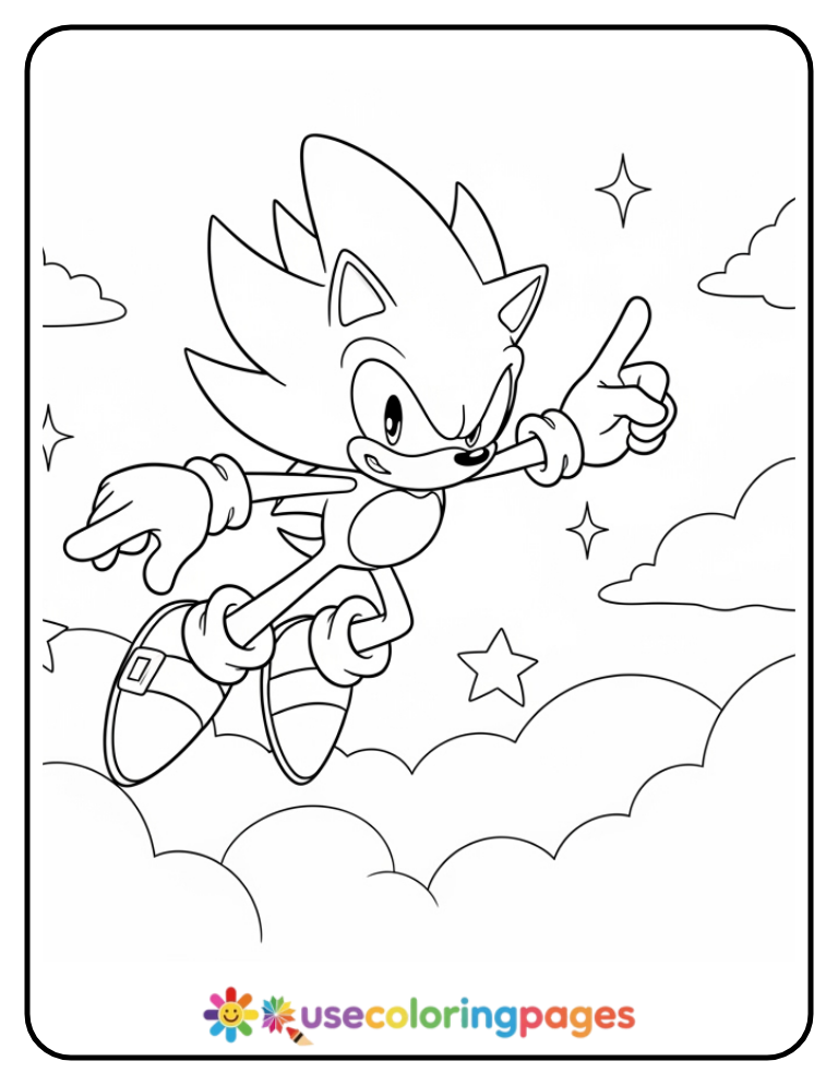 Super Sonic Flying Above The Clouds Coloring Page