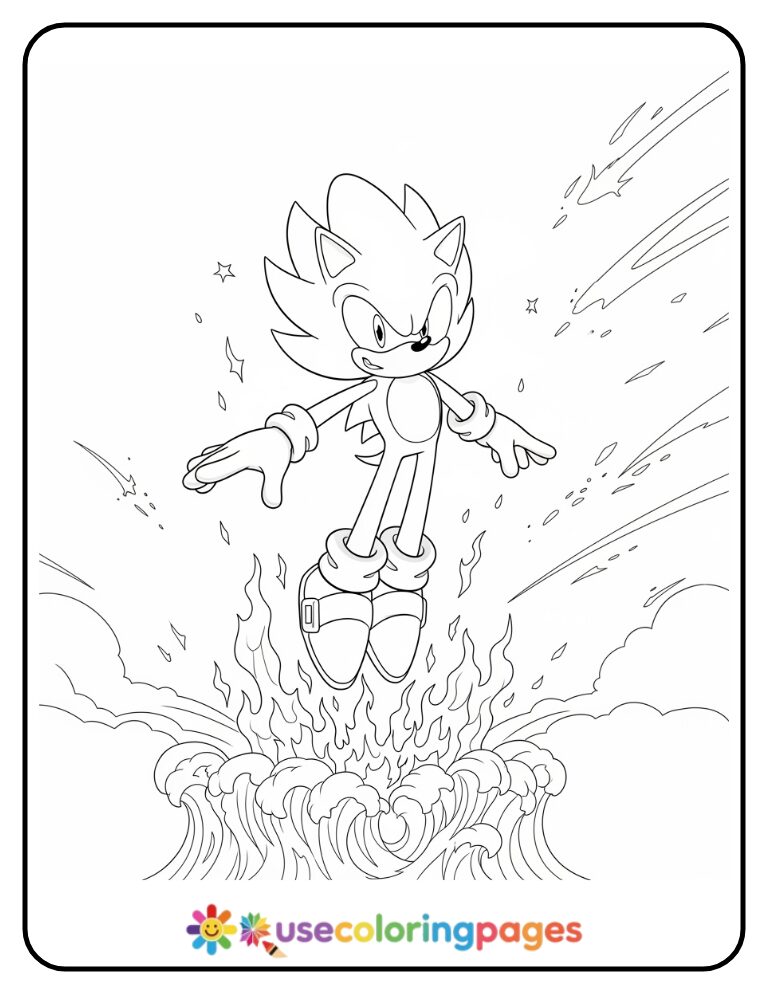 Super Sonic Hovering With Energy Flames Coloring Page