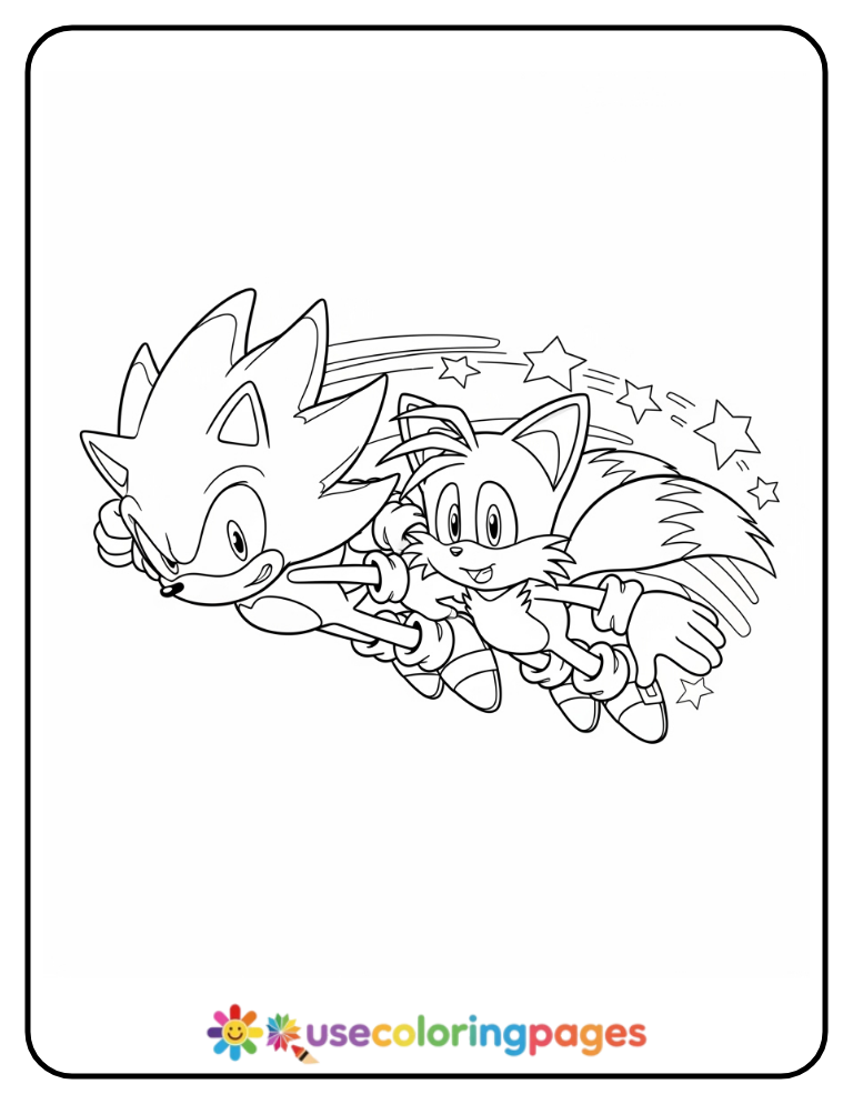 Super Sonic and Tails Flying Together Coloring Page