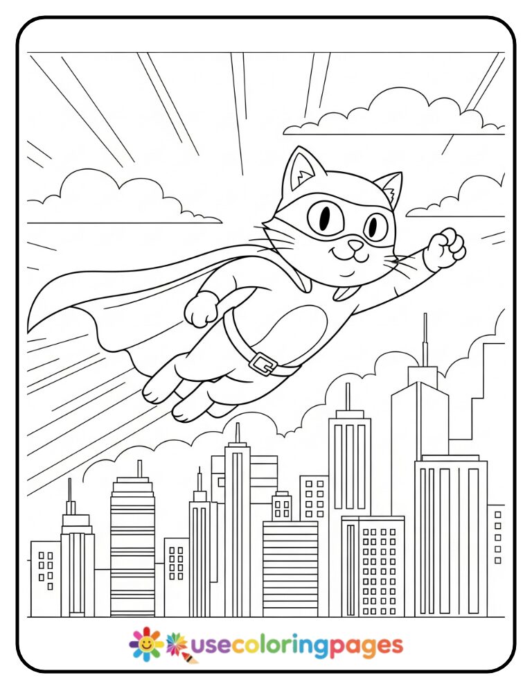 Superhero Cat Flying Over a City Coloring Page