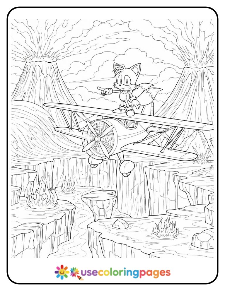 Tails Pilots Plane Over Lava Canyon Coloring Page