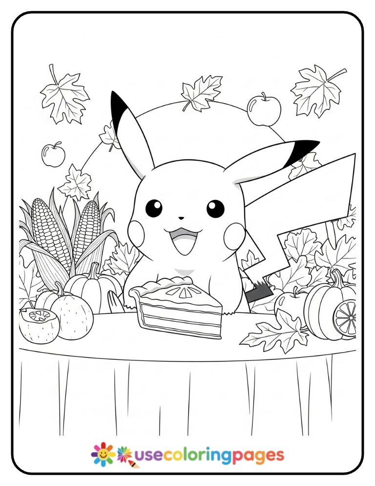 Thanksgiving Pikachu with Pumpkin Pie Coloring Page