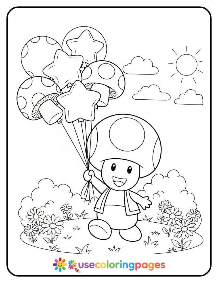 Toad Holding Balloons Coloring Page For Preschoolers