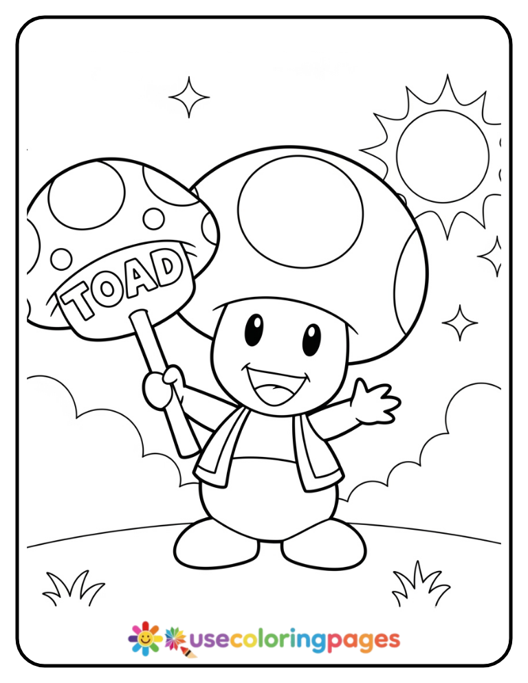 Toad Holding a Sign with His Name Coloring Page For Preschoolers