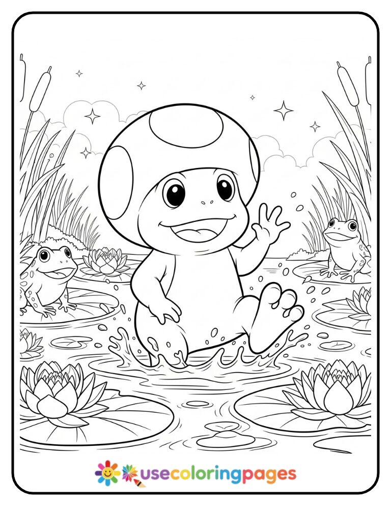 Toad Splashing in a Pond with Frogs Coloring Page Printable
