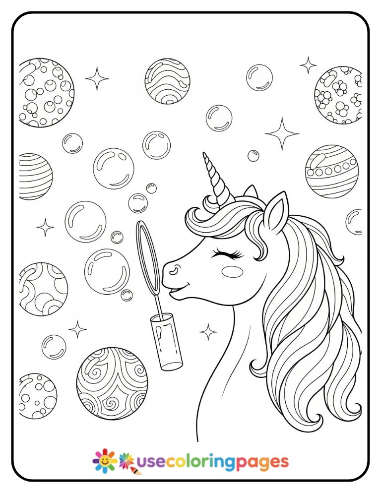 Unicorn Blowing Bubbles Coloring Page for Kids