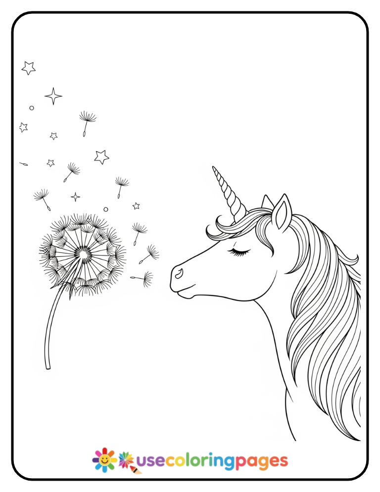Unicorn Blowing a Dandelion Printable Coloring Page