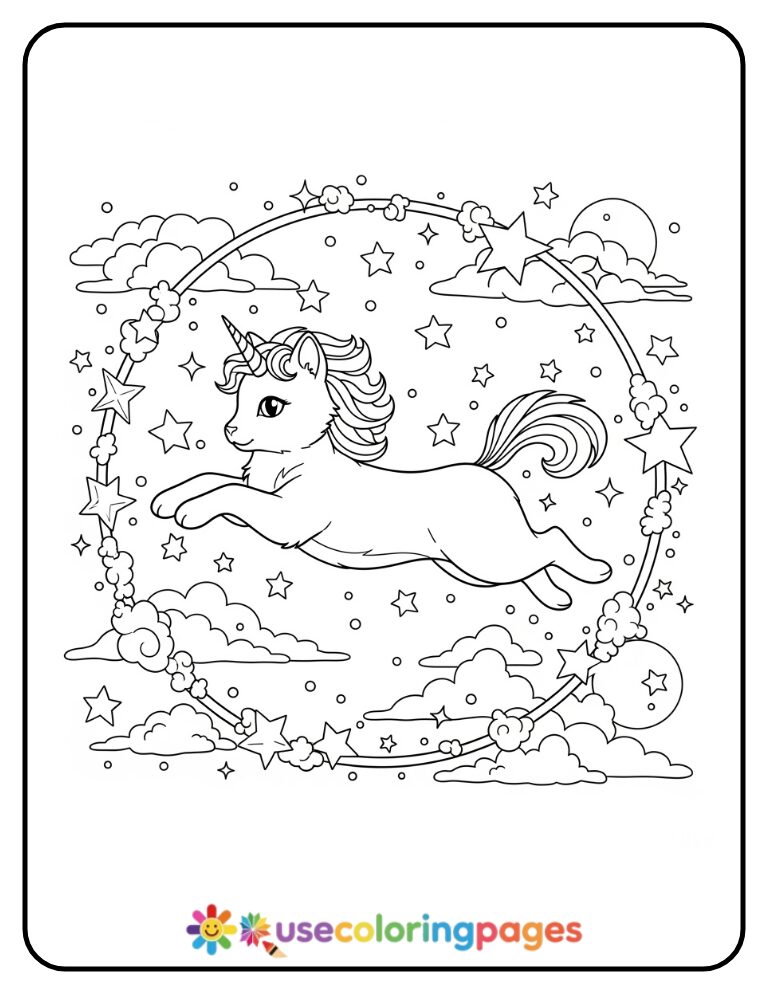 Unicorn Cat Jumping Through a Hoop of Stars Coloring Page
