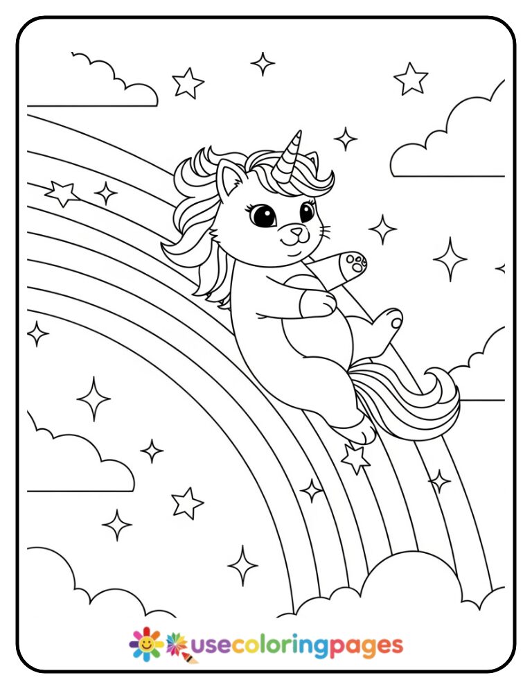 Unicorn Cat Sliding on a Rainbow Coloring Page