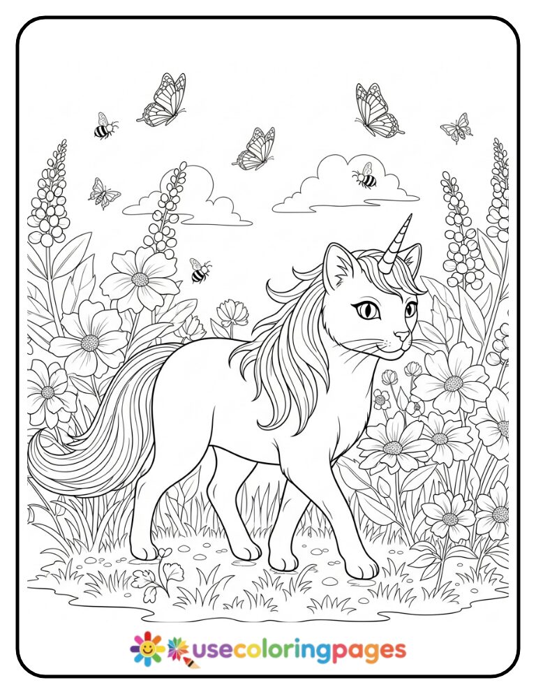 Unicorn Cat in a Flower Garden Coloring Page