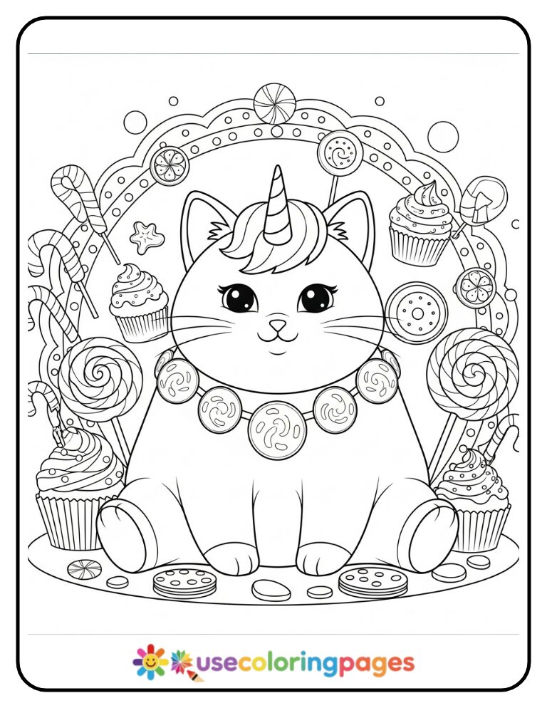 Unicorn Cat with Cupcakes and Candies Coloring Page