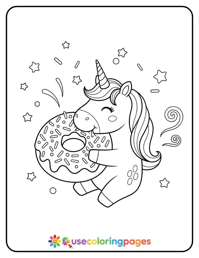 Unicorn Eating a Giant Donut Coloring Page