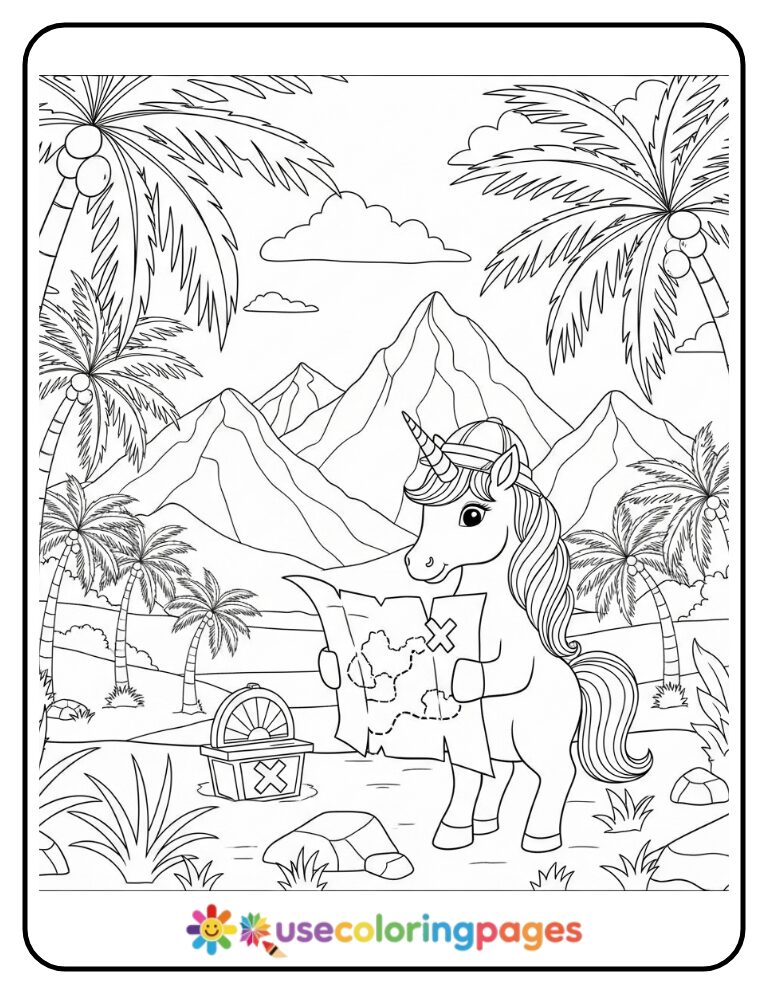 Unicorn Exploring with a Map Coloring Page