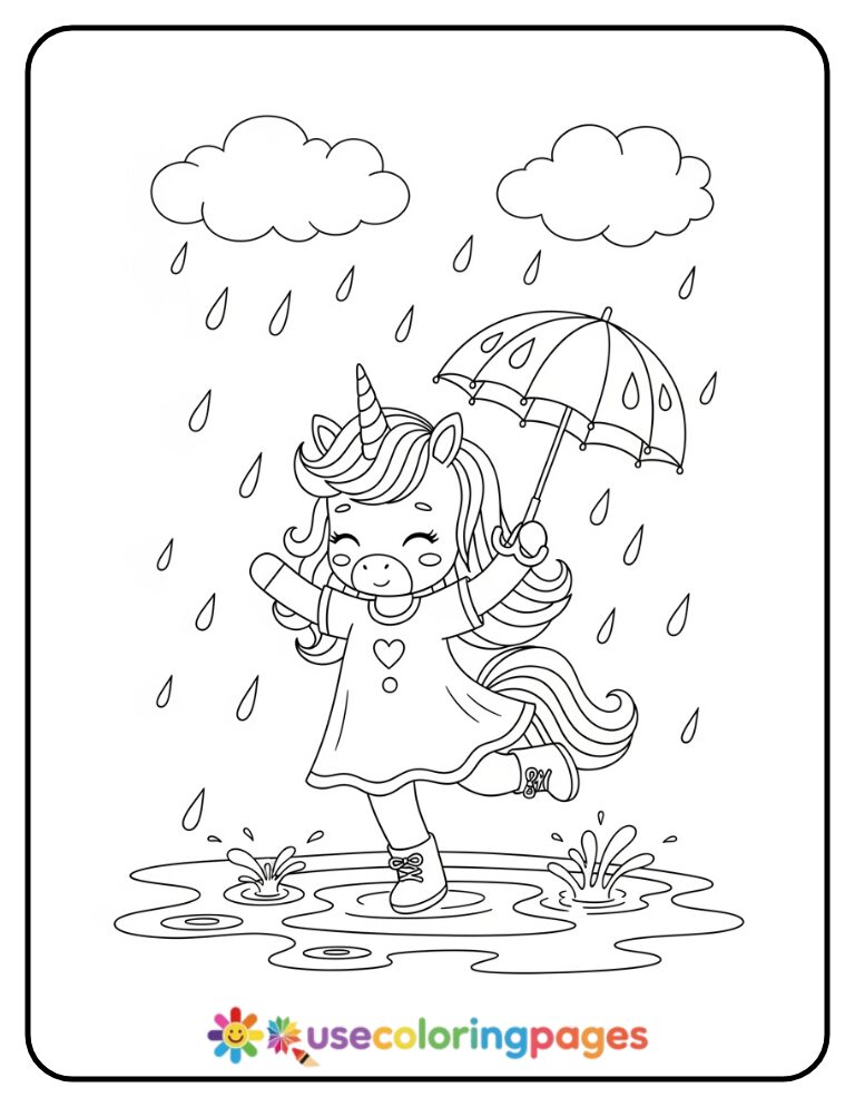 Unicorn Girl Dancing in the Rain Coloring Page